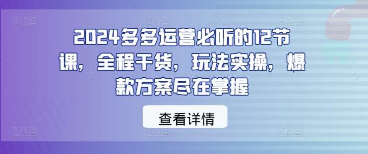 2024多多运营必听的12节课，全程干货，玩法实操，爆款方案尽在掌握-旺仔资源库