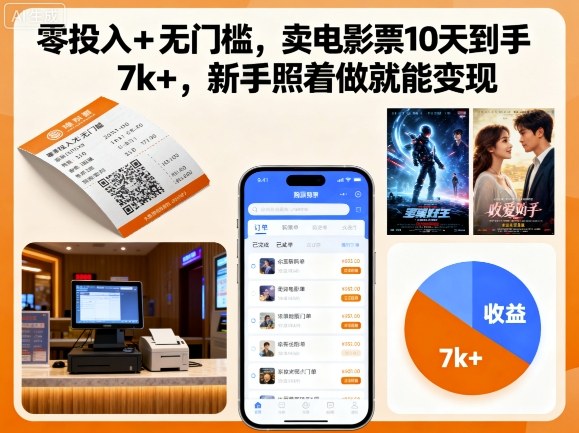 零投入+无门槛，卖电影票10天到手7k+，新手照着做就能变现【揭秘】-旺仔资源库