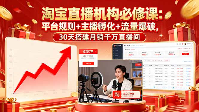 淘宝直播机构必修课：平台规则/主播孵化/流量爆破,30天搭建月销千万直播间-旺仔资源库