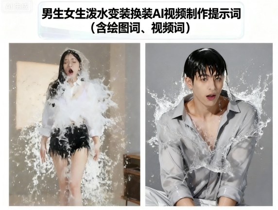 男生女生泼水变装换装AI视频制作提示词(含绘图词、视频词)-旺仔资源库