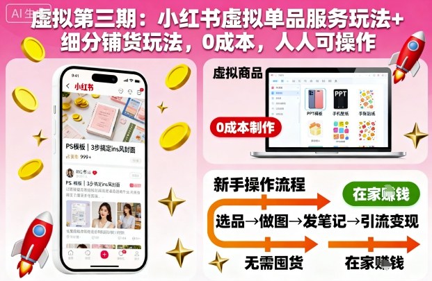虚拟第三期：小红书虚拟单品服务玩法+细分铺货玩法，0成本，人人可操作(更新)-旺仔资源库