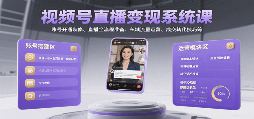 视频号直播变现系统课，账号开通装修、直播全流程准备、私域流量运营、成交转化技巧等-旺仔资源库
