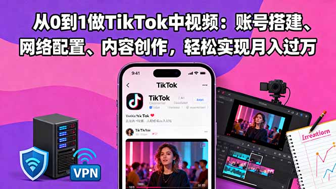 从0到1做TikTok中视频:账号搭建、网络配置、内容创作,轻松实现月入过万-旺仔资源库
