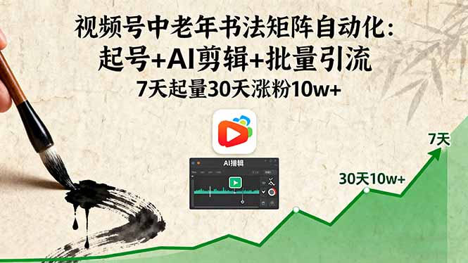 视频号中老年书法矩阵自动化：起号+AI剪辑+批量引流 7天起量30天涨粉10w+-旺仔资源库