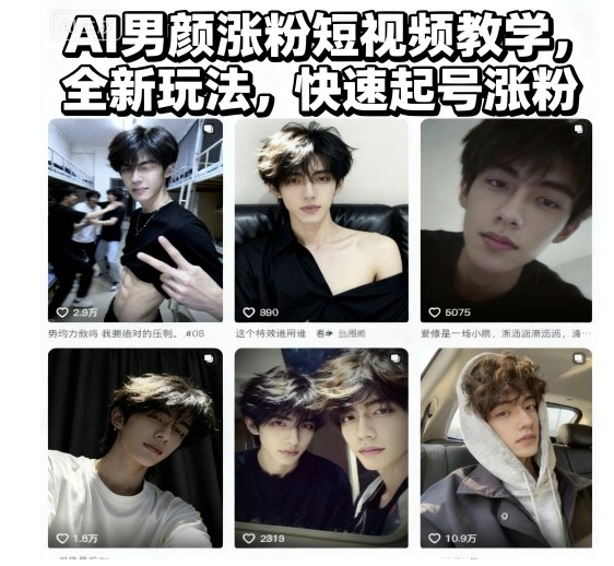 AI男颜涨粉短视频教学，全新玩法，快速起号涨粉-旺仔资源库
