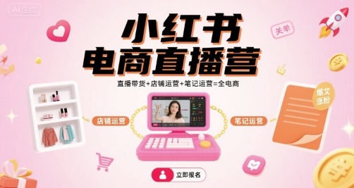 小红书电商直播营，直播带货+店铺运营+笔记运营=全电商-旺仔资源库