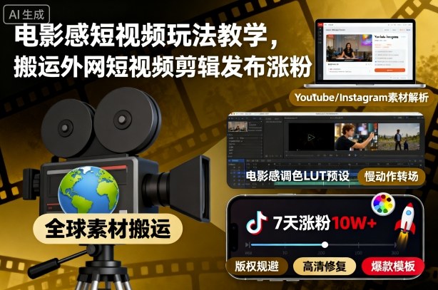 电影感短视频玩法教学，搬运外网短视频剪辑发布涨粉-旺仔资源库