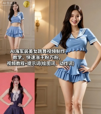 AI海军装美女跳舞视频制作教学，快速涨千粉万粉，视频教程+提示词(绘图词、动作词)-旺仔资源库