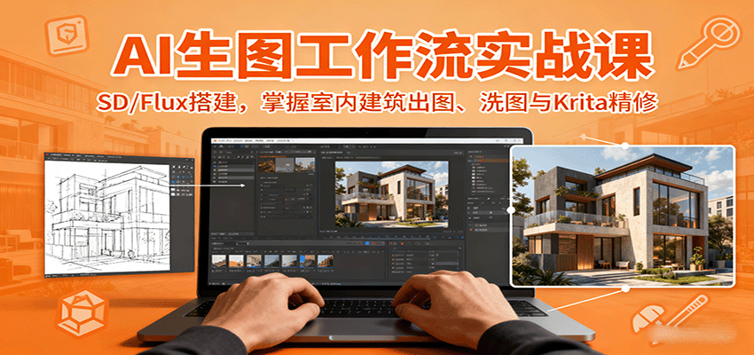 AI生图工作流实战课：SD/Flux搭建，掌握室内建筑出图、洗图与Krita精修-旺仔资源库