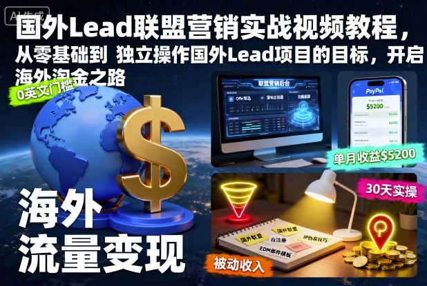 国外Lead联盟营销实战视频教程，从零基础到独立操作国外Lead项目的目标，开启海外淘金之路-旺仔资源库