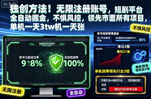 独创方法！无限注册账号，短剧平台全自动掘金，不惧风控，领先市面所有项目，单机一天3张【揭秘】-旺仔资源库
