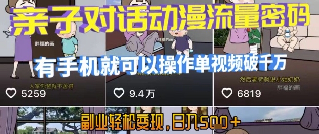 AI引爆短视频,亲子对话动漫流量密码,有手机就可以操作,单视频破千万播放,副业轻松变现,日入5张【揭秘】-旺仔资源库