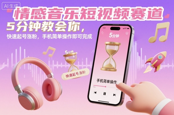 情感音乐短视频赛道，5分钟教会你，快速起号涨粉，手机简单操作即可完成-旺仔资源库