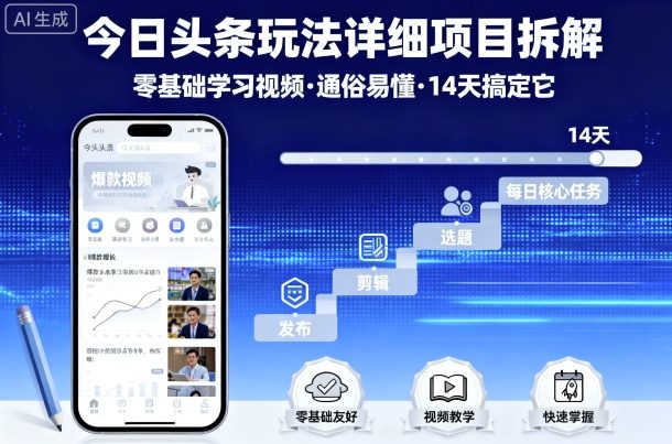 今日头条玩法详细项目拆解，零基础学习视频 通俗易懂 14天搞定它-旺仔资源库