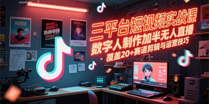 三平台短视频实战课，数字人制作加半无人直播，覆盖20+赛道剪辑与运营技巧-旺仔资源库