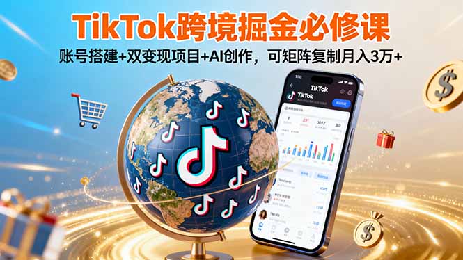 TikTo跨境掘金必修课，账号搭建+双变现项目+AI创作，可矩阵复制月入3万+-旺仔资源库