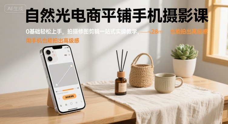 自然光电商平铺手机摄影课，0基础轻松上手，拍摄修图剪辑一站式实操教学，用手机也能拍出高级感-旺仔资源库