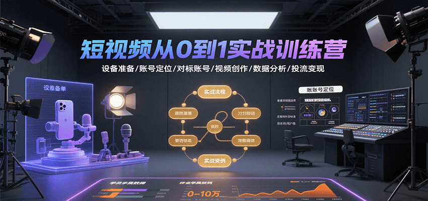 短视频从0到1实战训练营：设备准备/账号定位/对标账号/视频创作/数据分析/投流变现-旺仔资源库