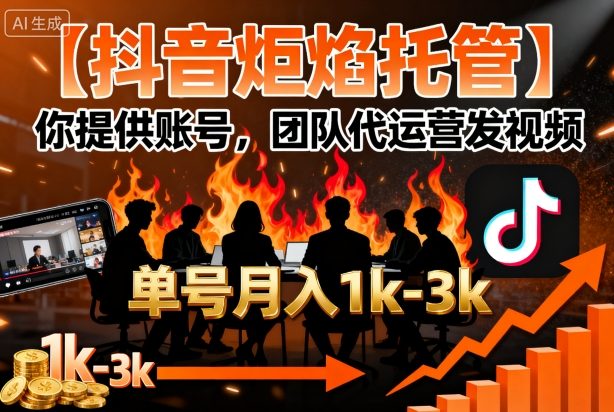 【抖音炬焰托管】你提供账号，团队代运营发视频，单号月入1k+【揭秘】-旺仔资源库