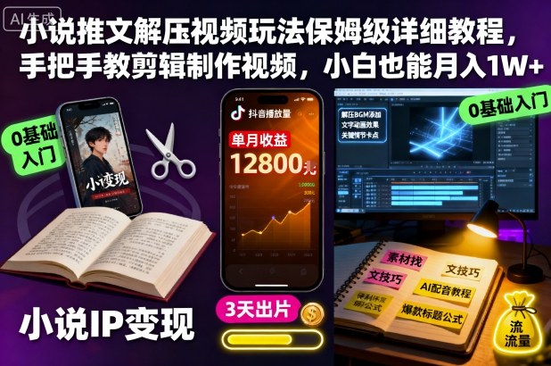 小说推文解压视频玩法保姆级详细教程，手把手教剪辑制作视频，小白也能月入1W+-旺仔资源库