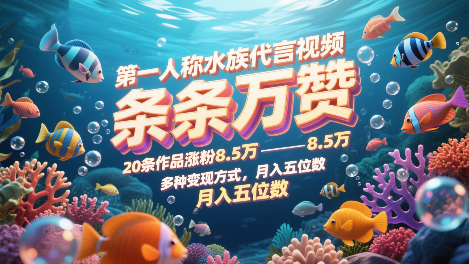 第一人称水族代言视频，条条万赞，20条作品涨粉8.5万，多种变现方式月，入五位数-旺仔资源库