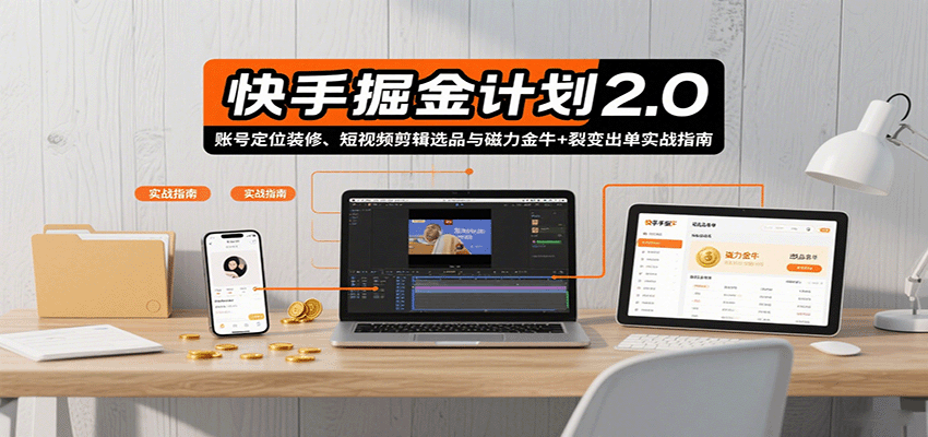 快手掘金计划2.0，账号定位装修、短视频剪辑选品与磁力金牛+裂变出单实战指南-旺仔资源库