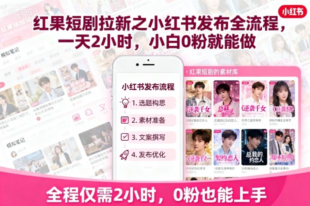 红果短剧拉新之小红书发布全流程，一天2小时，小白0粉就能做-旺仔资源库