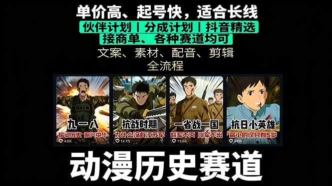 历史动漫赛道撸分成：起号、文案、素材、配音、剪辑，单视频收益破万-旺仔资源库
